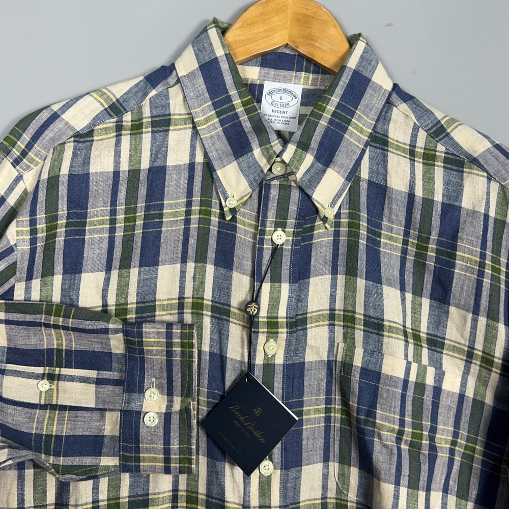 NWT Brooks Brothers Regent Irish Linen Shirt Mens Size Large Plaid‎ Blue Green